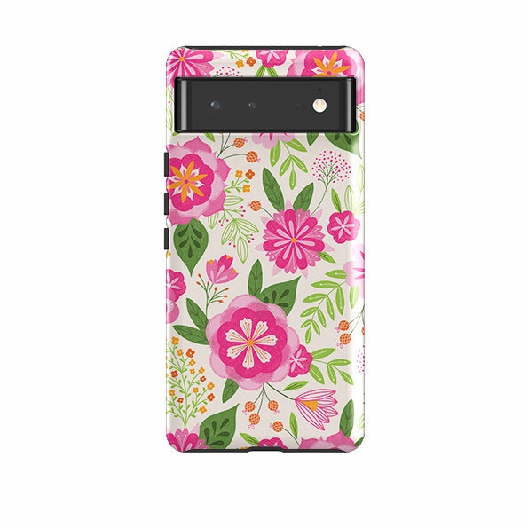 Luxury Surface Layer Wireless charging Google Tough Case -  Big Bold Blooms Ivory By Jenny Zemanek
