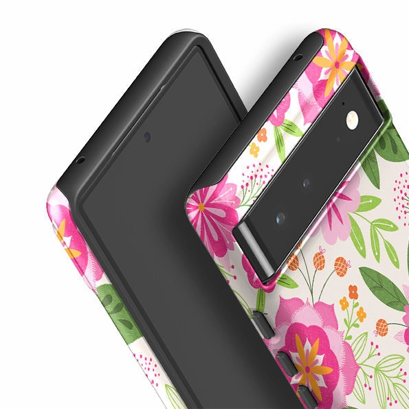Rugged Surface Ergonomic Feel Google Tough Case -  Big Bold Blooms Ivory By Jenny Zemanek