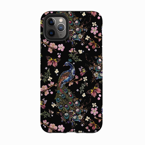 Modern Aesthetic Daily Style iPhone Tough Case - Peacock and Cherry Blossoms Dark By Helen Ahpornsiri