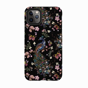 Modern Aesthetic Daily Style iPhone Tough Case - Peacock and Cherry Blossoms Dark By Helen Ahpornsiri