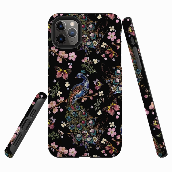 Ergonomic form iPhone Tough Case - Peacock and Cherry Blossoms Dark By Helen Ahpornsiri