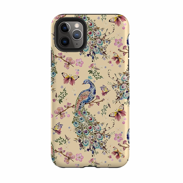Smooth Edge Design Modern Grip Texture iPhone Tough Case - Peacock and Cherry Blossoms Lilly By Helen Ahpornsiri
