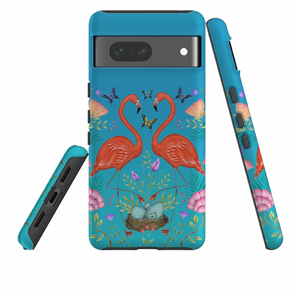 Comfort Build Layer Google Tough Case -  Flamingos and Flowers By Catherine Rowe