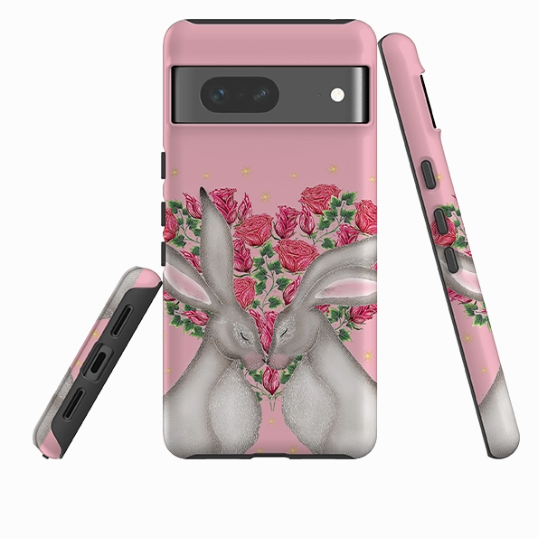 Comfort Style Rugged Detail Layer Google Tough Case -  White Hares Rose Heart By Catherine Rowe