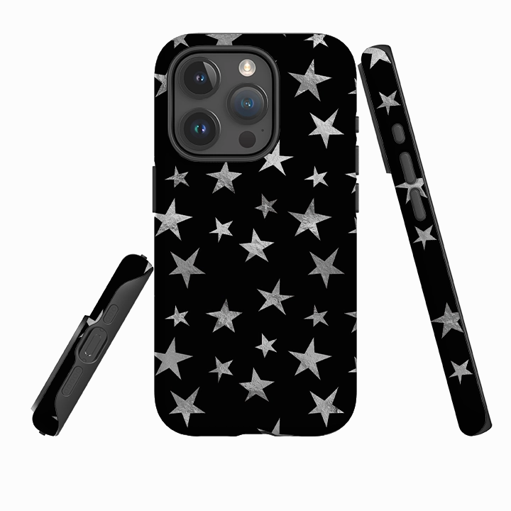iPhone Tough Case - Black and Silver Stars Matte Texture Finish Durable Build Quality