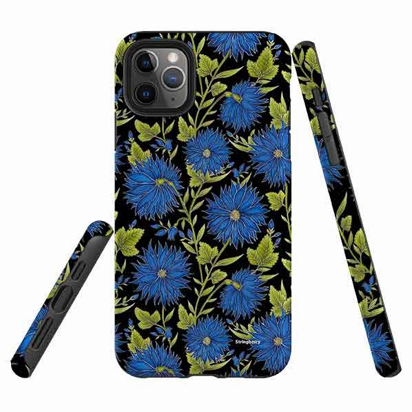 Pocket Size Soft Protection Layer iPhone Tough Case - Blue Flowers Black By Catherine Rowe