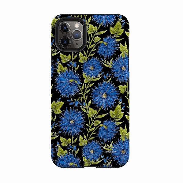 iPhone Tough Case - Blue Flowers Black By Catherine Rowe Easy Grip Hybrid Texture