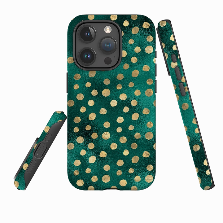 iPhone Tough Case - Forest and Gold Dots Raised Edges