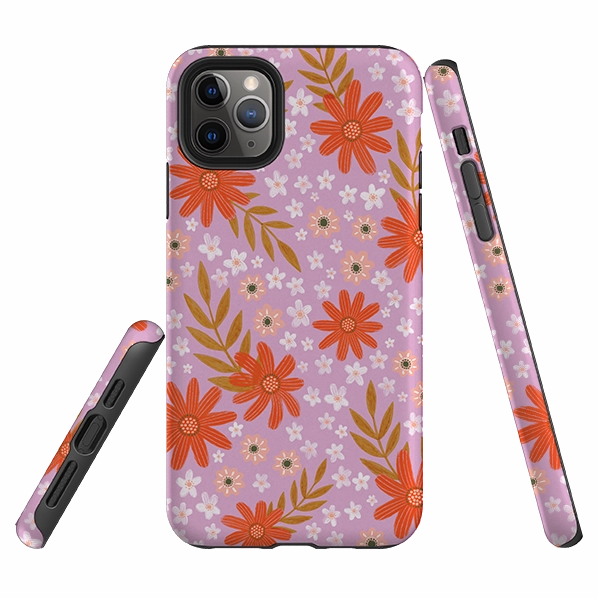 Minimal Texture Layer Flexible frame iPhone Tough Case - Lilac and Red Floral Pattern By Lee Foster Wilson