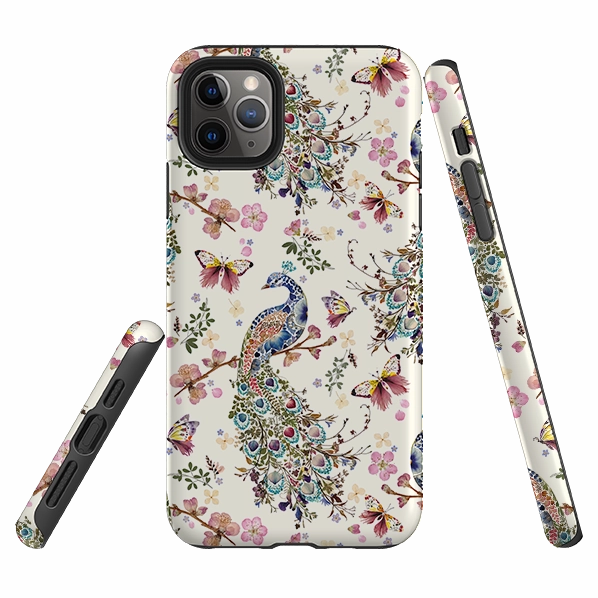Modern Grip Smooth Look Texture iPhone Tough Case - Peacock and Cherry Blossoms By Helen Ahpornsiri