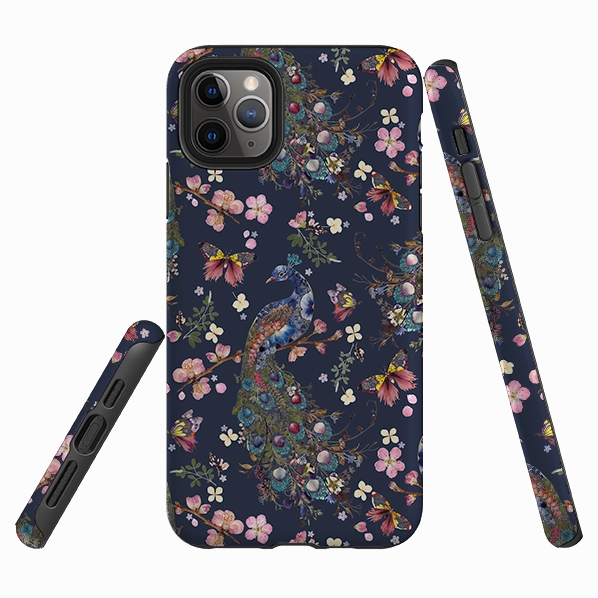 Soft Interior Durable Build iPhone Tough Case - Peacock and Cherry Blossoms Iris By Helen Ahpornsiri