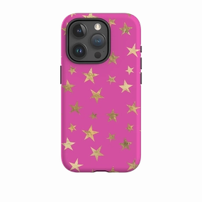 iPhone Tough Case - Pink and Gold Stars Shock Resistant Build Screen Bumper