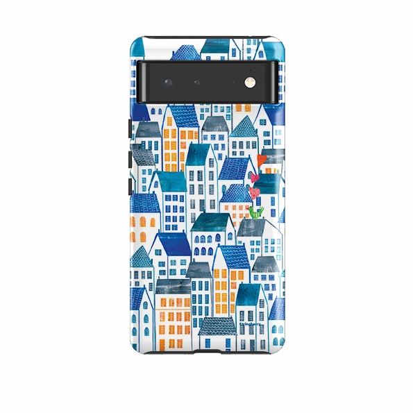 Non slip grip Clear View Google Tough Case -  Blue Rooftop Houses By Tracey English