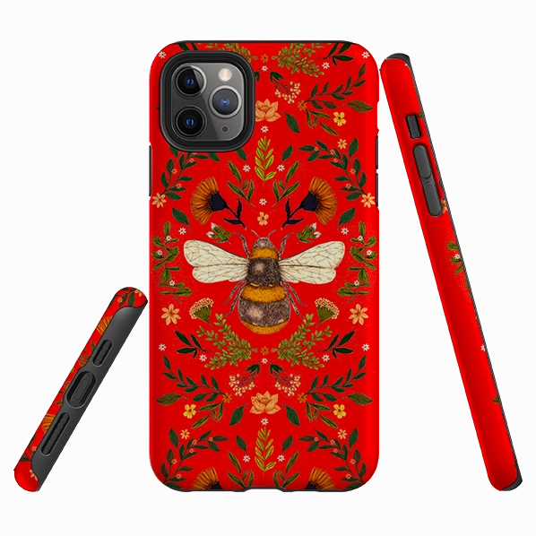 Sleek Texture Hybrid Texture Layer iPhone Tough Case - Botanical Bee Red By Jade Mosinski