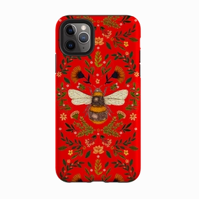 Travel Ready Sleek Appearance iPhone Tough Case - Botanical Bee Red By Jade Mosinski