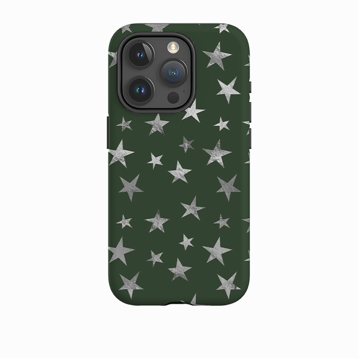 iPhone Tough Case - Green and Silver Stars Durable Layer Gradient Finish