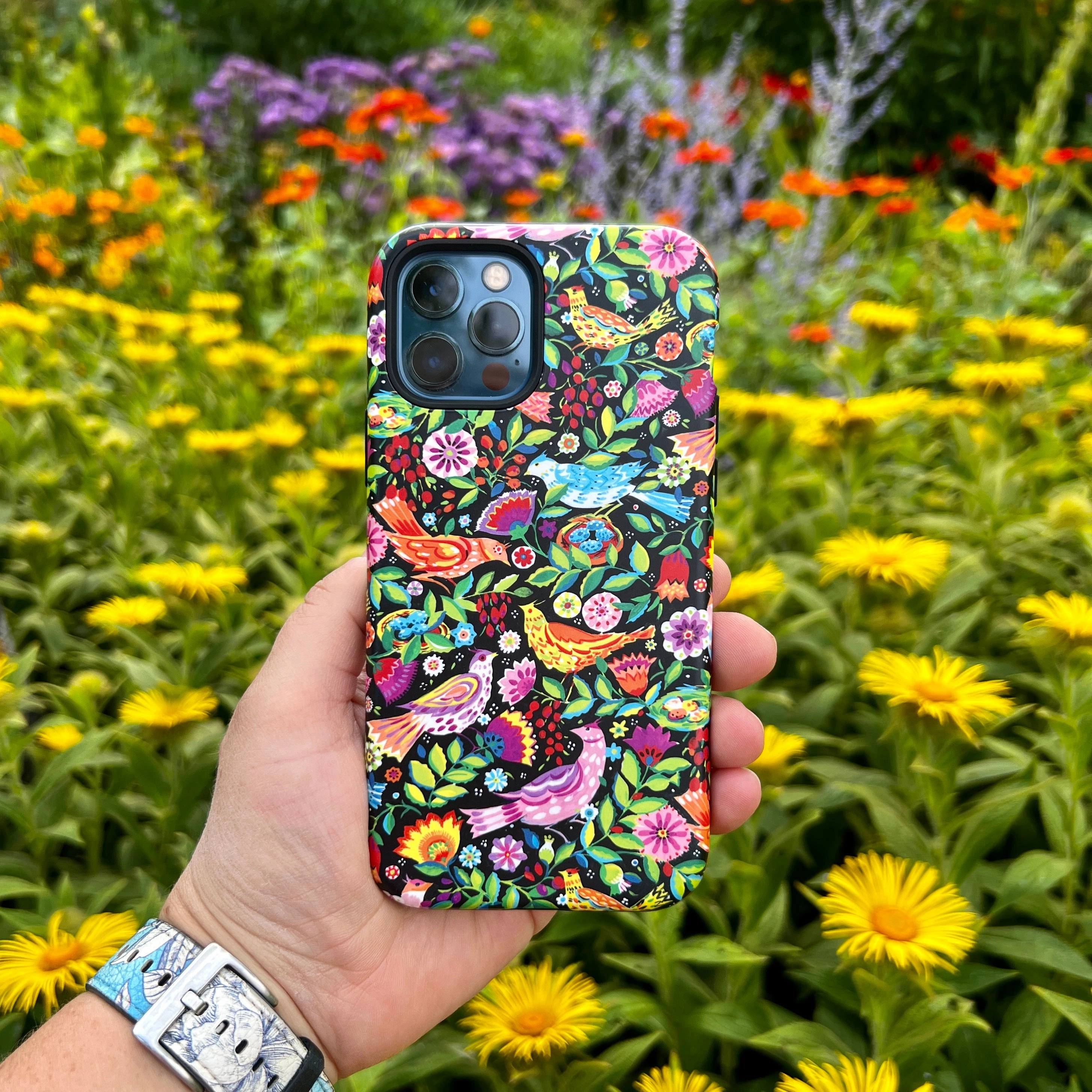 Glossy Texture Layer Student Friendly iPhone Tough Case - Folk Birds By Sarah Campbell