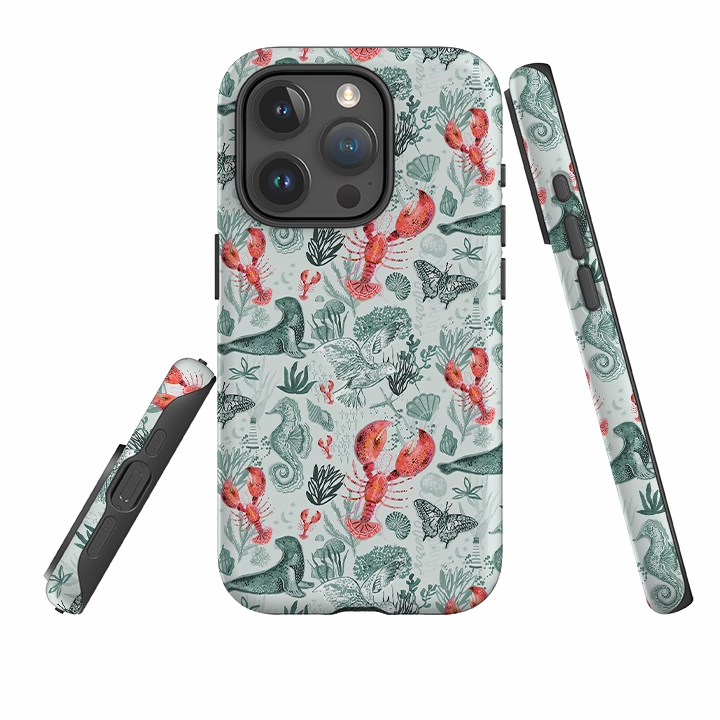 Rugged Outline Protective Edge Layer iPhone Case - Teal Seals and Lovely Lobsters By Emma Frances Grant
