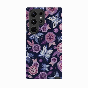Rugged Surface Build Matte Texture Layer Samsung Tough Case - Butterfly Blooms Navy By Jenny Zemanek