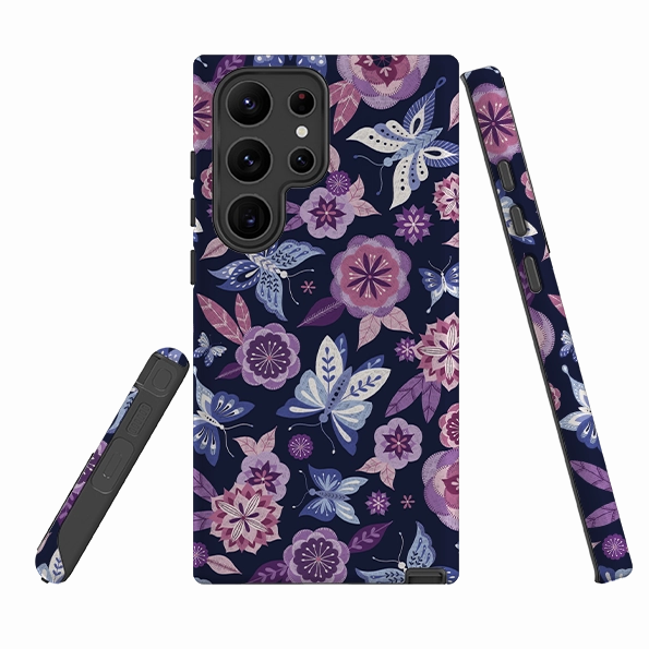Slim Fit Design Smooth Form Texture Samsung Tough Case - Butterfly Blooms Navy By Jenny Zemanek