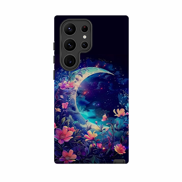 Glossy Finish Look Clear Frame Samsung Tough Case - Summer Moon Floral I