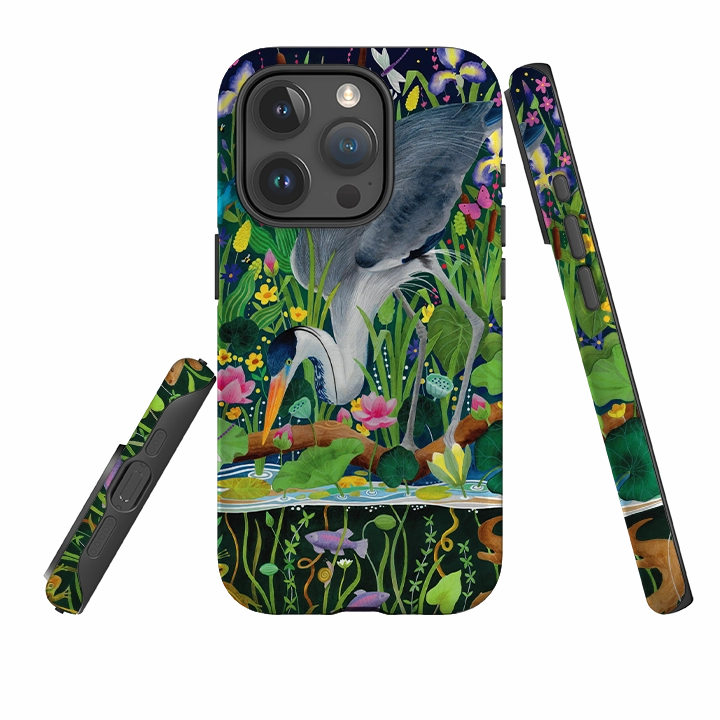 Non Slip Sleek Edge Design iPhone Tough Case - Heron Fishing By Bex Parkin