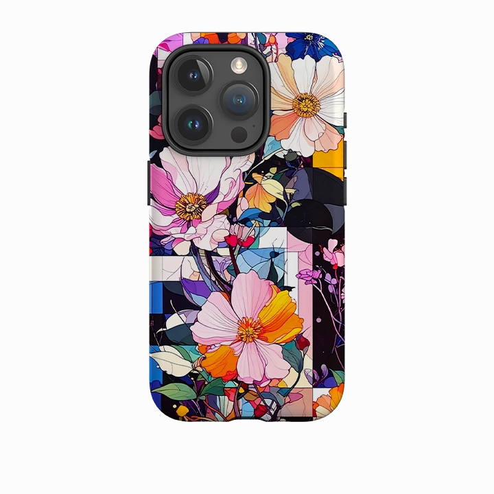 iPhone Tough Case - Block Floral Rugged Frame Design Matte Pattern Design
