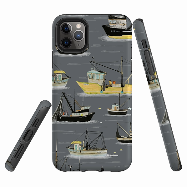 Modern Build Shock Absorption Layer iPhone Tough Case - Fishing Boats Grey By Katherine Quinn