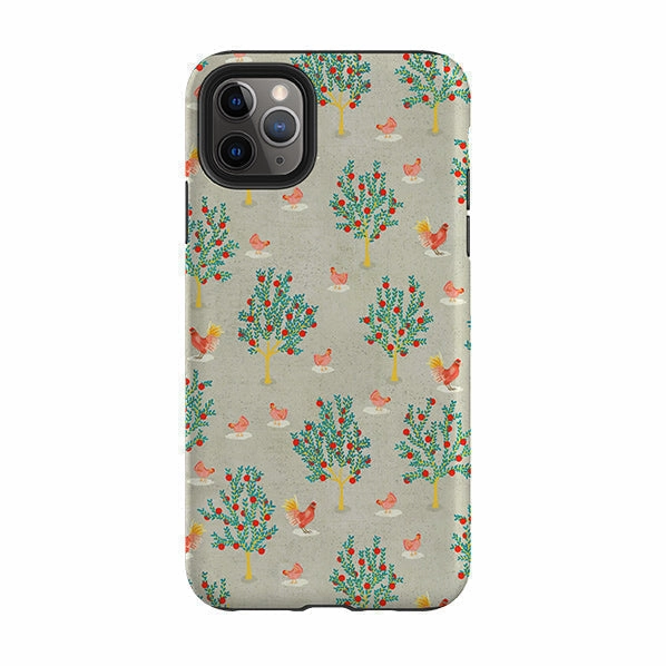 Water shield iPhone Tough Case - Apple Trees and Chickens Grey By Katherine Quinn