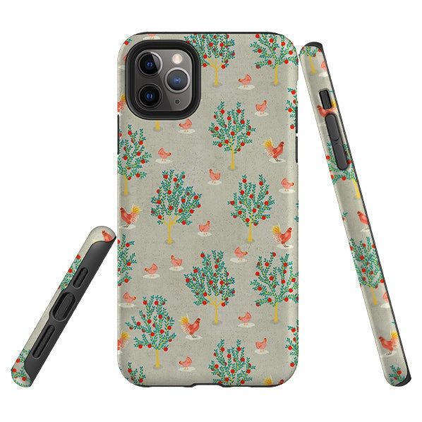 iPhone Tough Case - Apple Trees and Chickens Grey By Katherine Quinn Glossy Texture Layer Matte Surface
