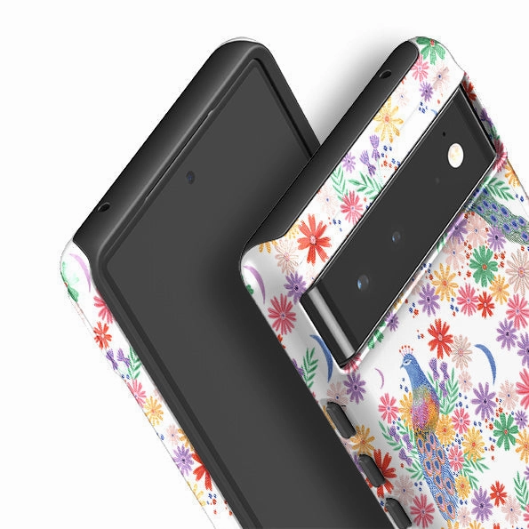 Durable structure Matte Build Google Tough Case -  Peacock Pattern White By Lee Foster Wilson