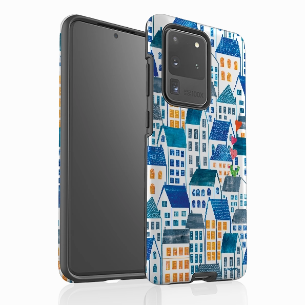 Premium Pattern Design Samsung Tough Case - Blue Rooftop Houses By Tracey English
